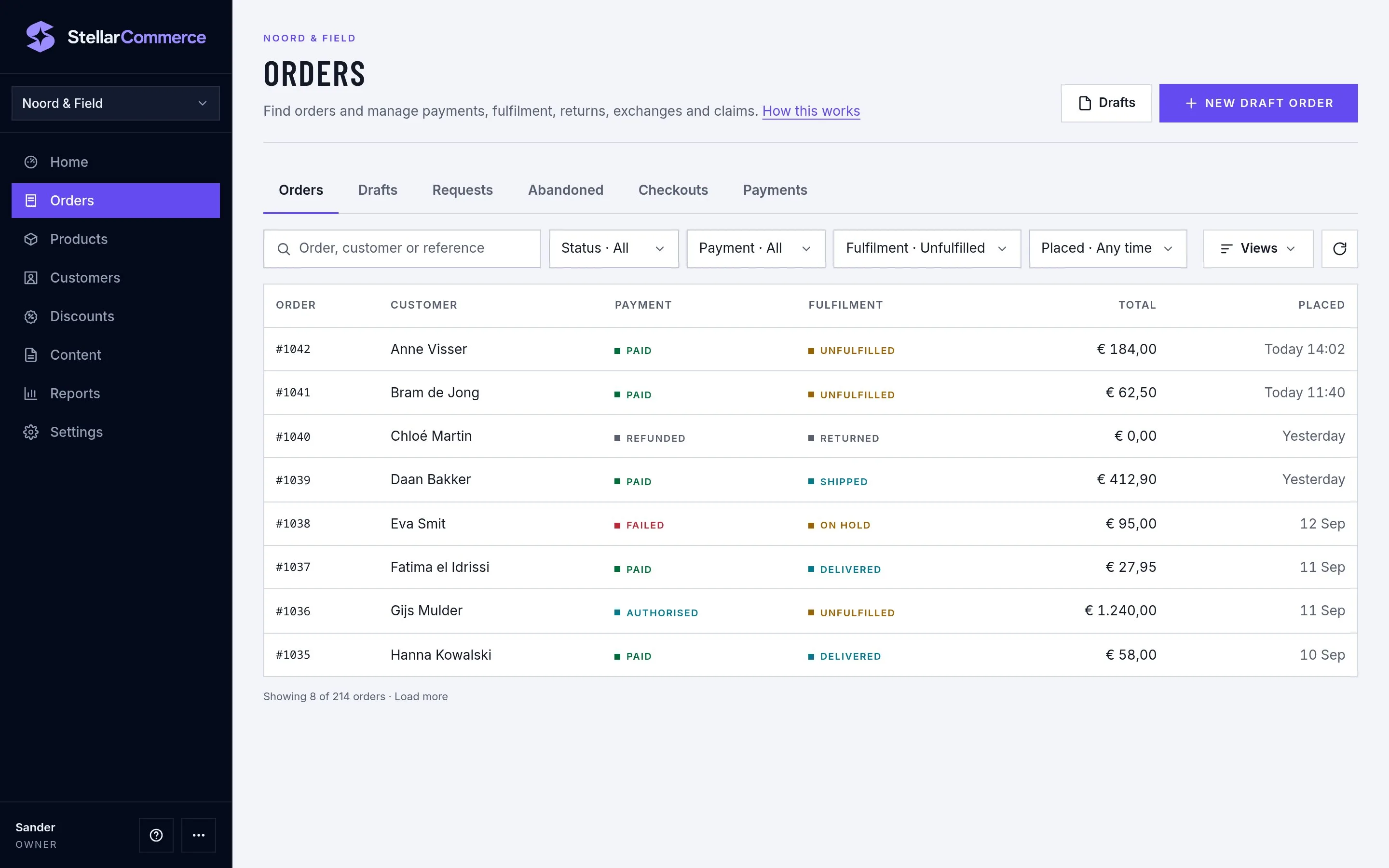 The Stellar Commerce Admin showing the Orders list