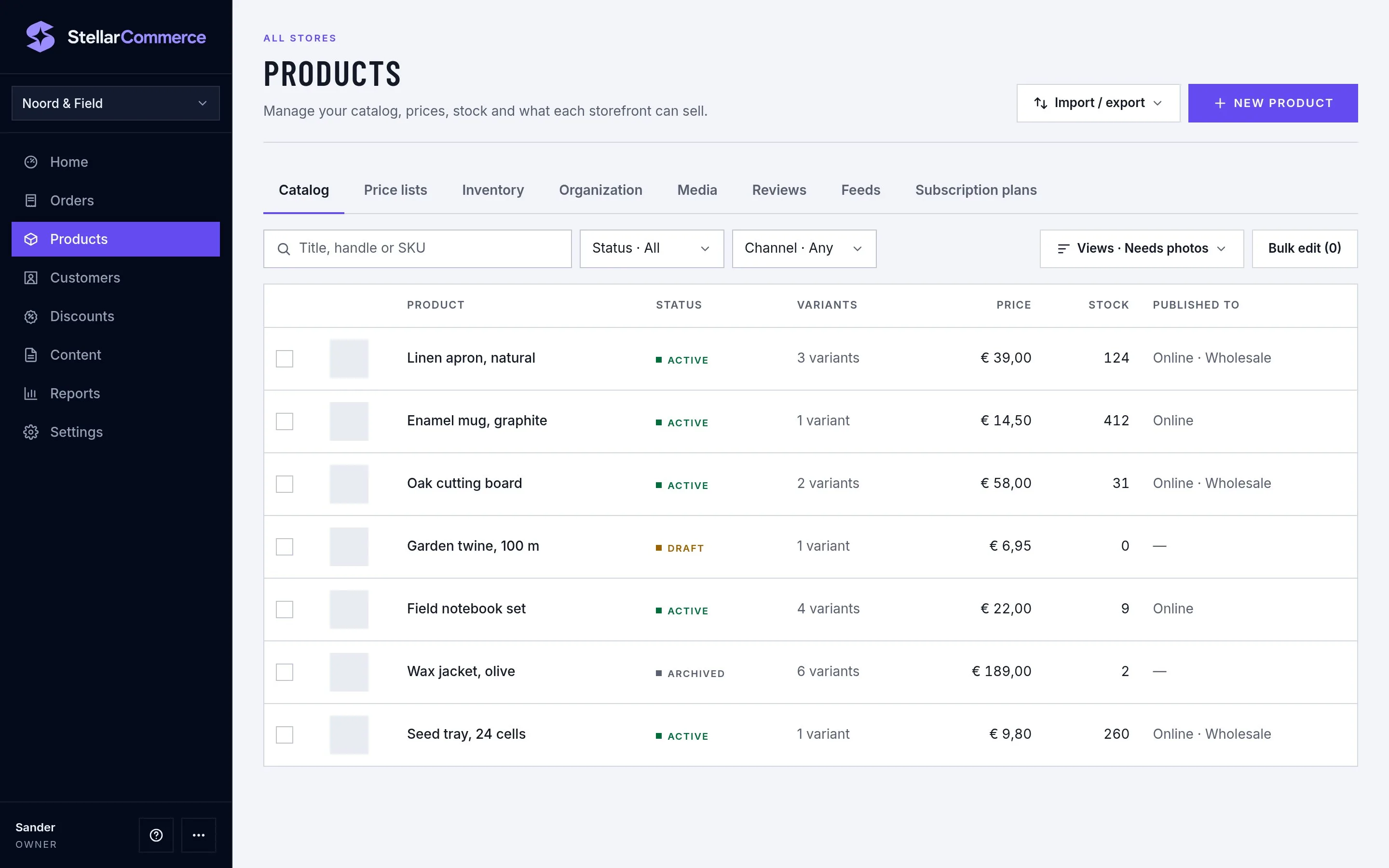 The Admin Products catalog with the Views and Import / export panels